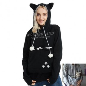 Толстовка неко с карманом для котика - Черная / Sweatshirt for a cat